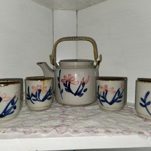Vintage Japanese Tea Set Stoneware & Bamboo